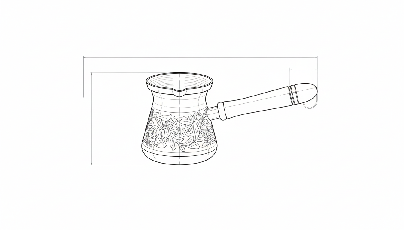Brass Coffee Pot - Engraved Design Dimensions - Viviana London Brass Coffee Pot - Engraved Design dimensions diagram - Viviana London artisan product specification